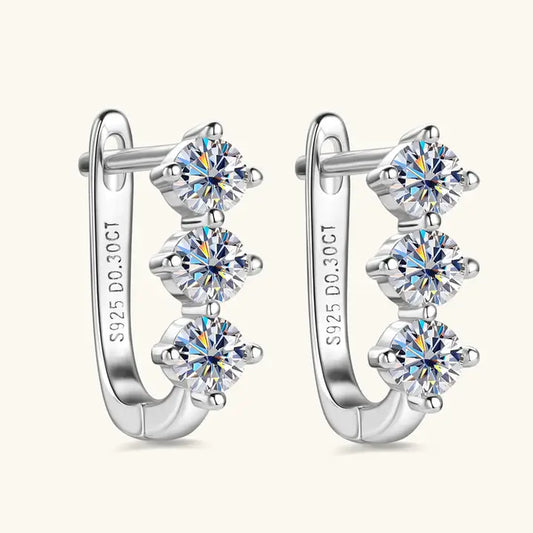 Three Stone Moissanite Hoop Earrings in 925 Sterling Silver