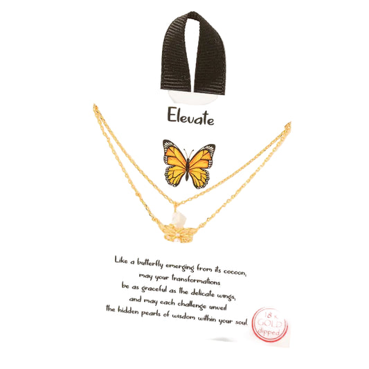 Gold Dipped Cz Pearl Stud Butterfly Layered Necklace