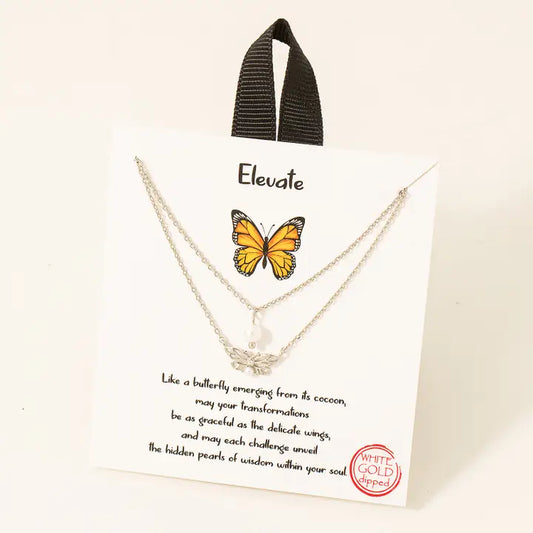 Gold Dipped Cz Pearl Stud Butterfly Layered Necklace