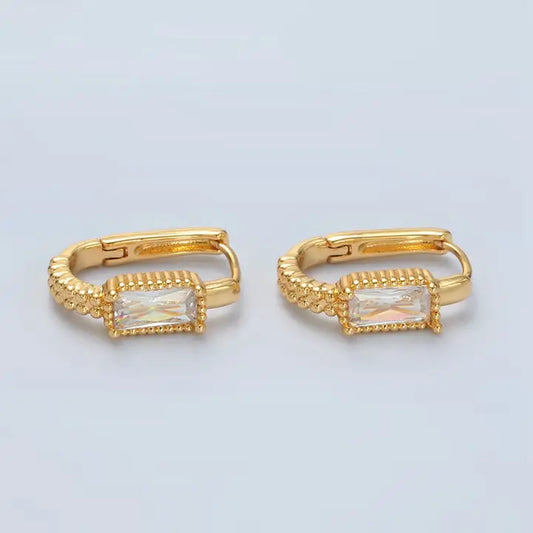 24K Gold Filled Baguette Oblong Huggie Hoop Earrings | T-093